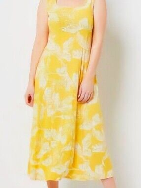 Susan Graver Petite XL Liquid Knit Midi Dress Square Neck Yellow Gold Palm NWOT